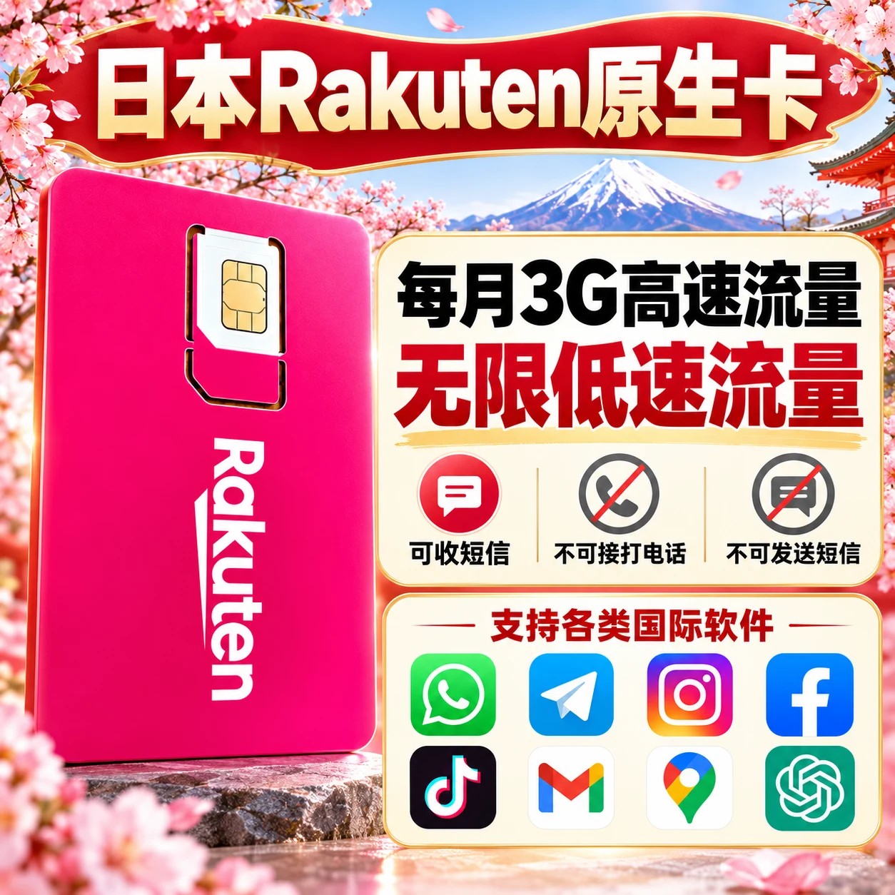 日本电话卡｜日本Rakuten电话卡｜日本手机号码流量卡｜中国大陆可用｜3GB/月｜无限低速流量｜12个月｜实体SIM
