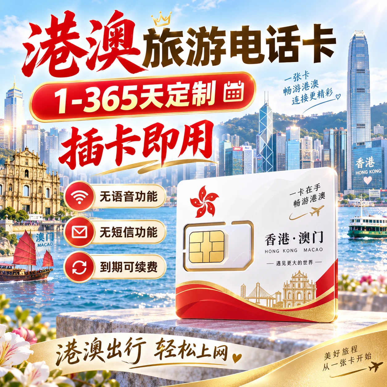 香港移动手机卡｜港澳流量卡｜中国大陆可用｜香港eSIM电话卡｜中港澳流量卡｜长期可续费｜香港电话卡