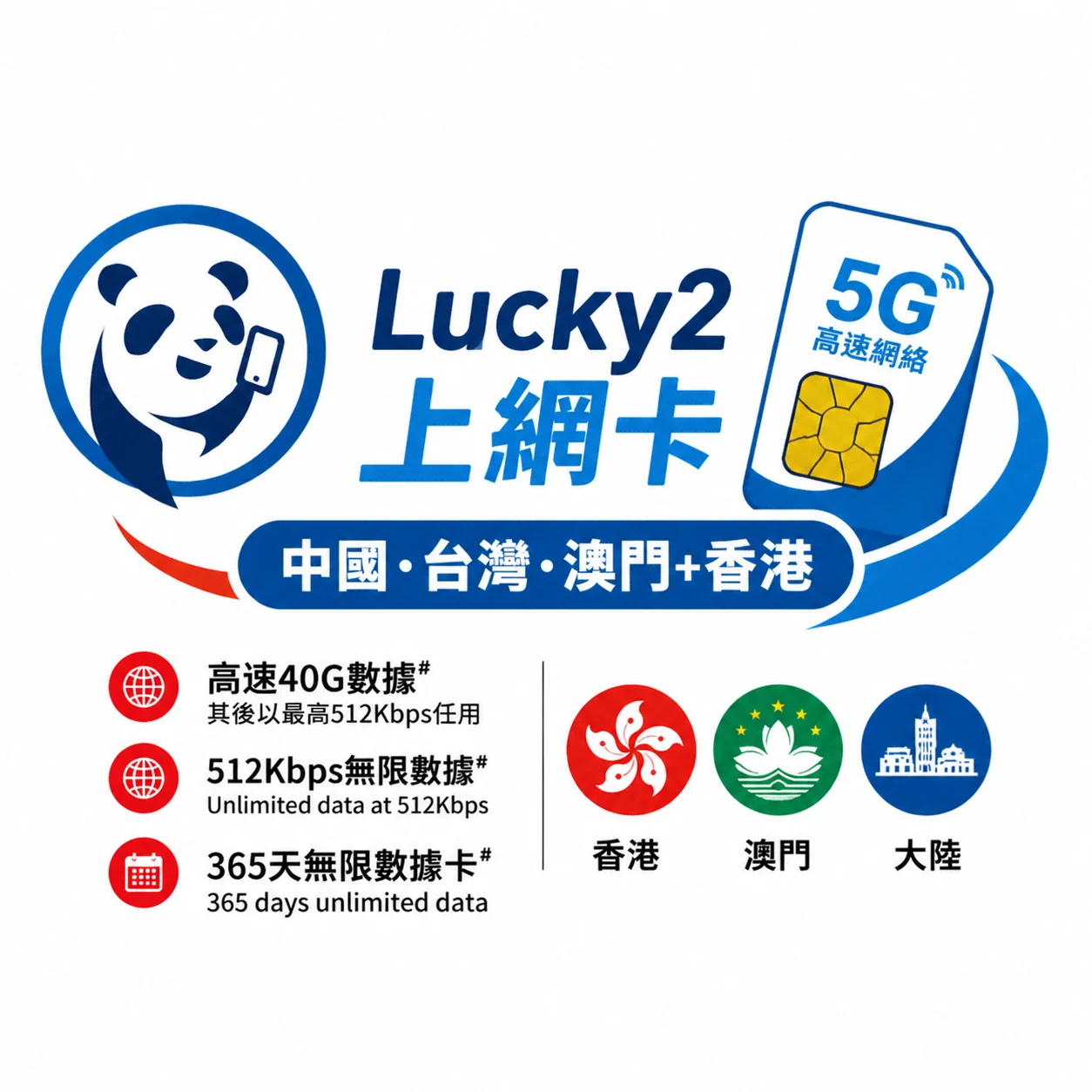 香港Luky2 Sim｜香港电话卡｜香港手机号码流量卡｜中国大陆可用｜40GB｜365天｜实体SIM/eSIM